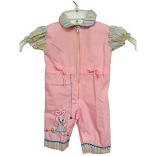 Vintage Baby Soft Pink Pastel Bunny Easter Embroidered Buttoned Suit Jumpsuit