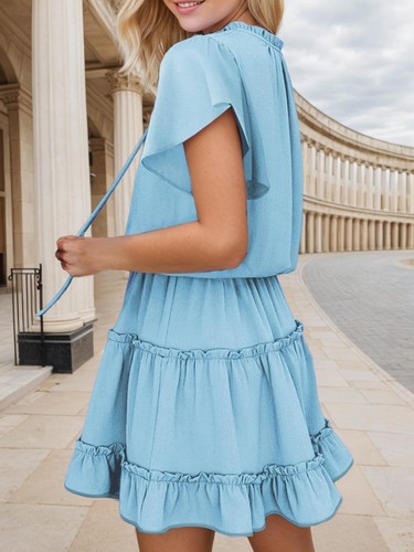 Women's Short Sleeve V Neck Ruffle Chiffon Elegant Mini Dresses - Picture 10 of 14