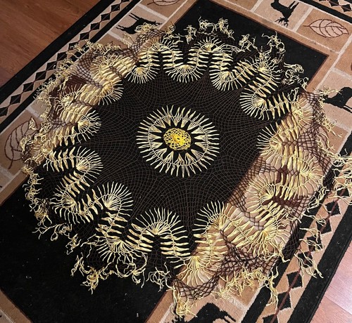 Vintage Woven brown/gold Round Tablecloth With Fringe - Picture 1 of 2