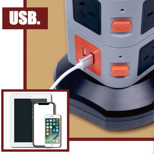 Tower Power Strip Surge Protector 7/15 Way Outlets 2 USB Chargers Power Board - Picture 11 of 14