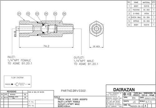 Válvula de retención de bola en línea - Acero inoxidable 316 unidireccional (SS316, 1/4" NPT MxF) - Imagen 3 de 12
