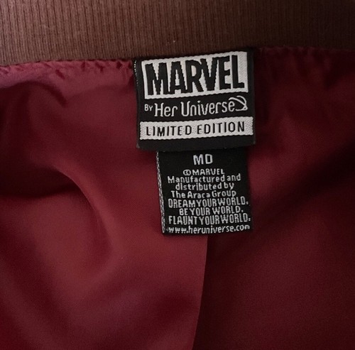 Stark Industries Red Bomber Jacket With Logo & Tony Print Brown Ribbed Trim Ligh - Picture 3 of 3
