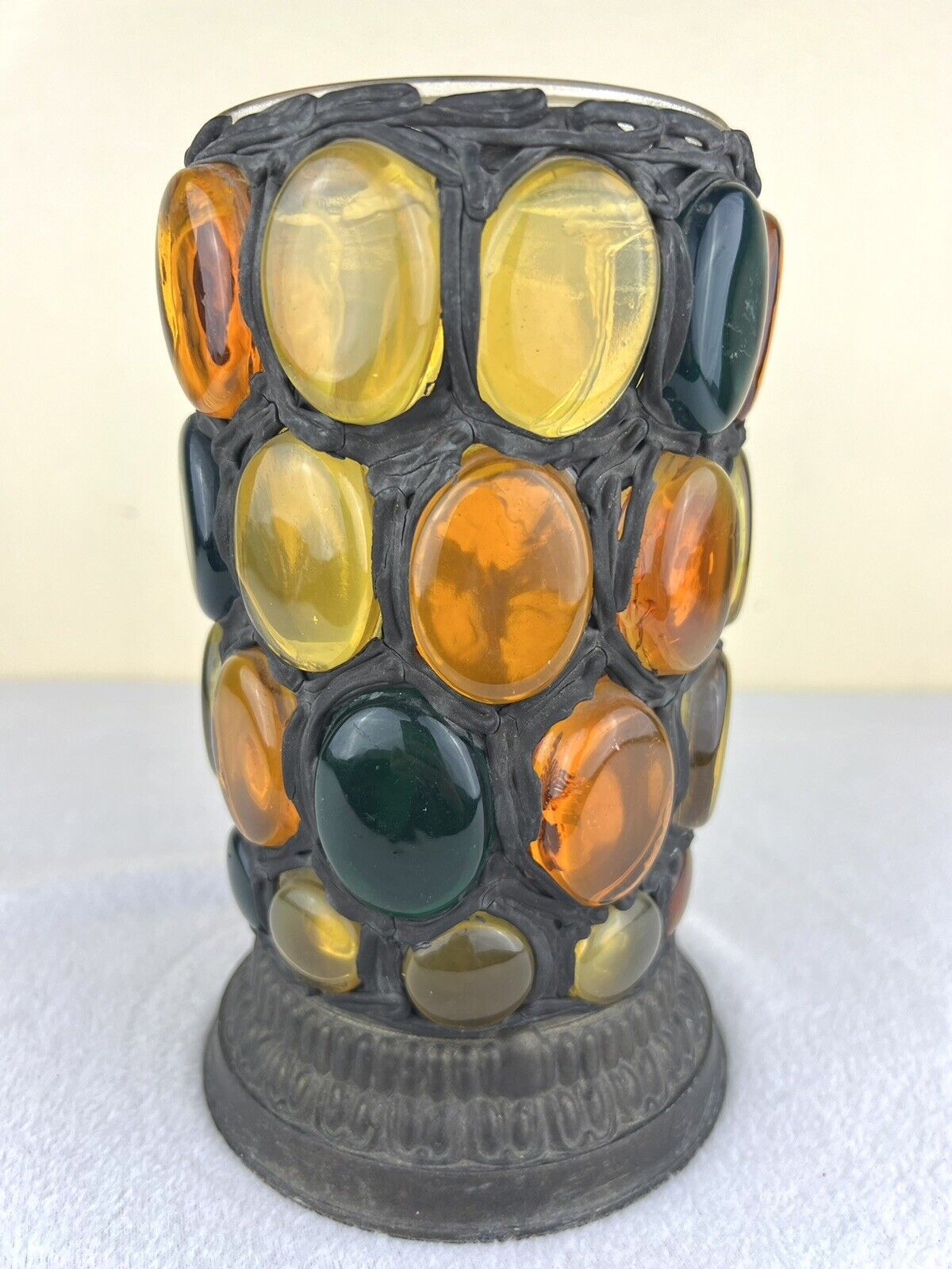 Vintage Mid Century Brutalist Candle Holder Metal Detail And Lucite Stones 7.5”