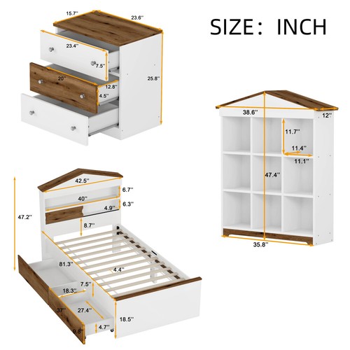 3-Pieces Sets, Twin Size Bed with Drawers, Nightstand & House-shaped Rack, Brown - Picture 8 of 16