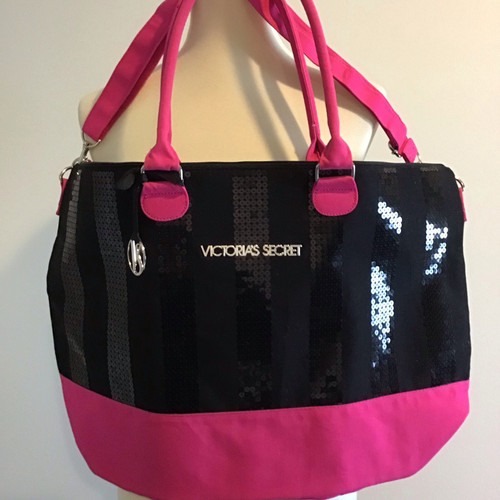 Victoria's Secret Schultertasche Tasche Pailletten Logo Handtasche groß Weekender schwarz pink - Bild 1 von 7