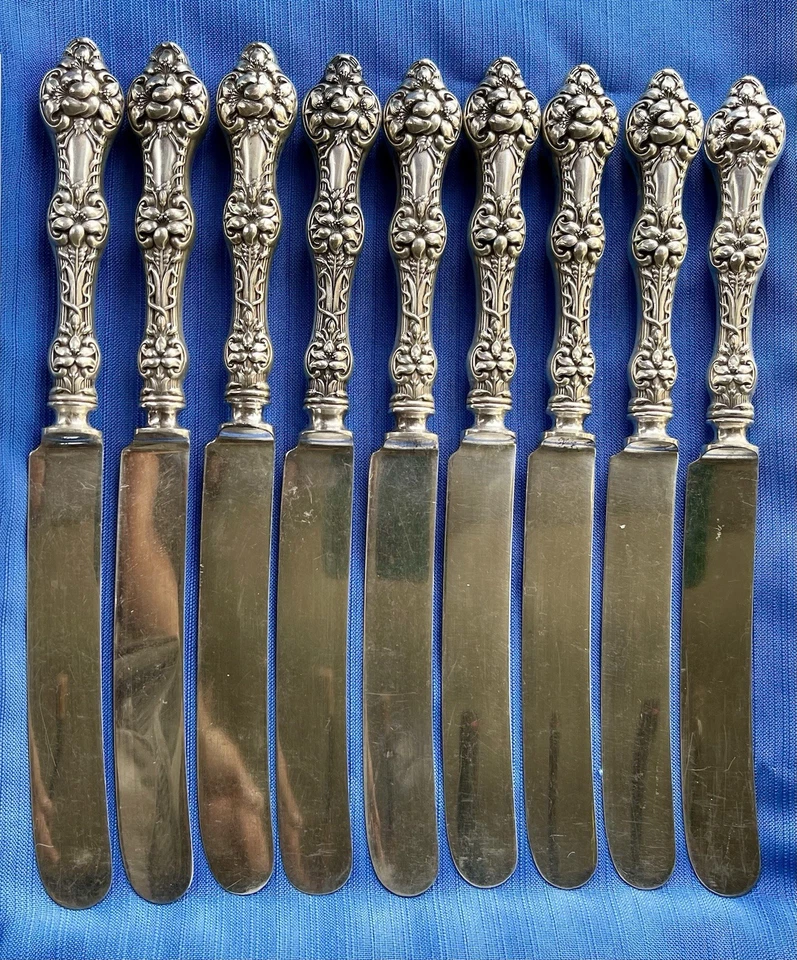 Juego de 9 cuchillos de cena franceses antiguos de plata esterlina con flor de azahar Alvin - 9 3/4" Foto 2 de 4