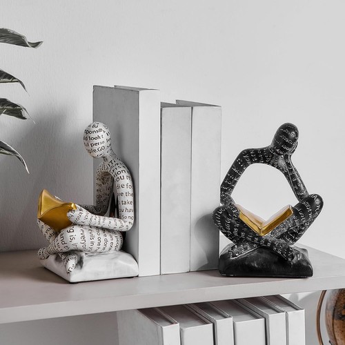Heavy Duty Resin Bookends | Unique Thinker Reader Decor | Black & White Modern - Picture 5 of 8