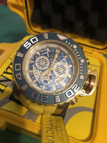 RARE, Sea Hunter, Swiss Gold Yellow Blue Men’s 70mm WR 300 Chrono Model #24934, - Picture 13 of 18