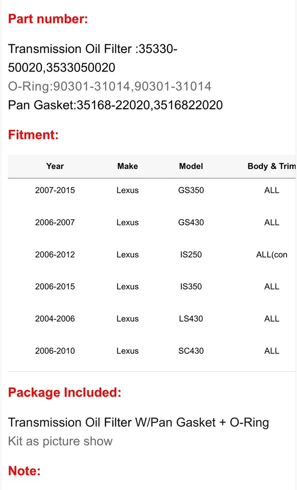 *Nuevo Kit de filtro de transmisión genuino Lexus GS350 GS450 + Junta + Junta tórica OEM NUEVO Foto 3 de 4