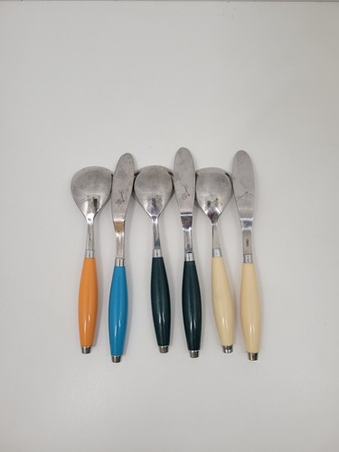 Fiesta Stainless Teaspoons And Butter Knives Green Blue Orange Ivory Set Of 6 - Picture 3 of 4