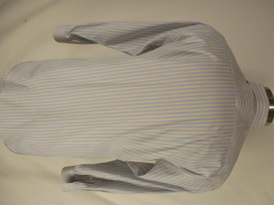 Camisa de vestir Paul Stuart para hombre azul amarillo a rayas manga larga algodón 15-32 Foto 2 de 3