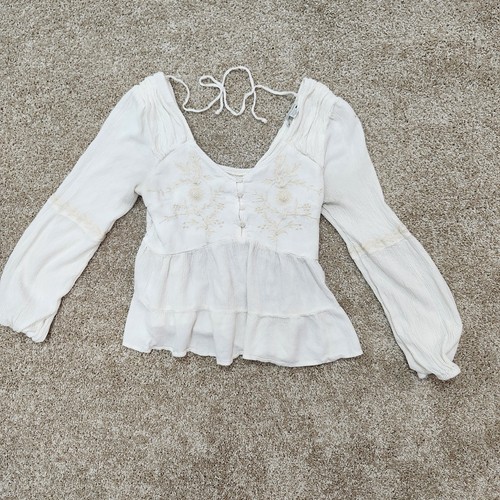 American Eagle weiß Boho Bauern Bluse Oberteil M bestickt Langarm