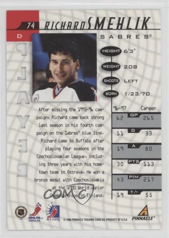 1997-98 Pinnacle Be A Player Die-Cut Auto Richard Smehlik #74 Auto - Image 2 of 2
