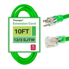 10 Ft Outdoor Extension Cord - 12/3 Heavy Duty Neon Green Cable - 3 Prong Plug