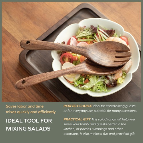 Muso Wood Acacia Wood 12" Salad Servers & Tongs - Durable & Elegant Serving Set - Picture 5 of 7