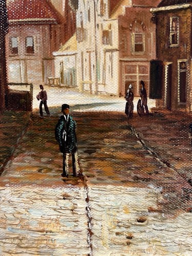 Pintura al óleo sobre lienzo de paisaje urbano enmarcada y firmada 22"x 18" - Imagen 4 de 6