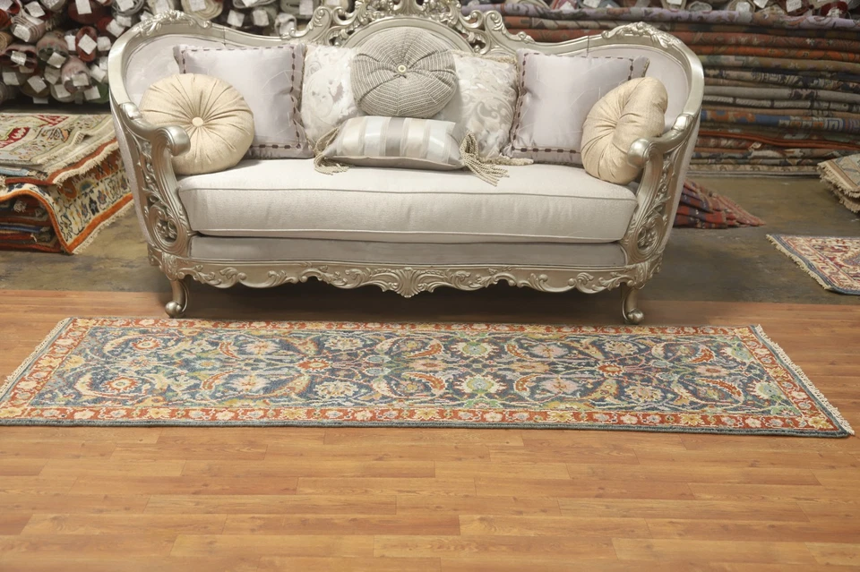 Handmade Gray Wool Carpet Transitional Oriental Floral Oushak Runner Rug 3x8 Ft - Image 3 of 4