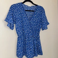 Sienna Sky Blue Floral Short Sleeve Blouse Floral Peplum Size M Boho