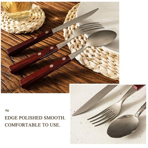 6-Pack Wooden Handle Stainless Steel Cutlery Set Forks Spoons Knives Flatware... - Picture 5 of 6