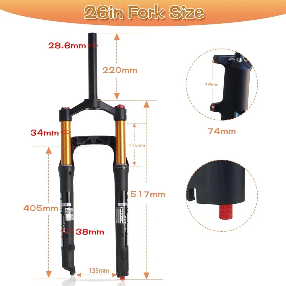 Horquilla de suspensión neumática ZTZ 26 * 4,0 pulgadas Fat Tire MTB, QR 9 mm, buje de 135 mm Foto 4 de 4
