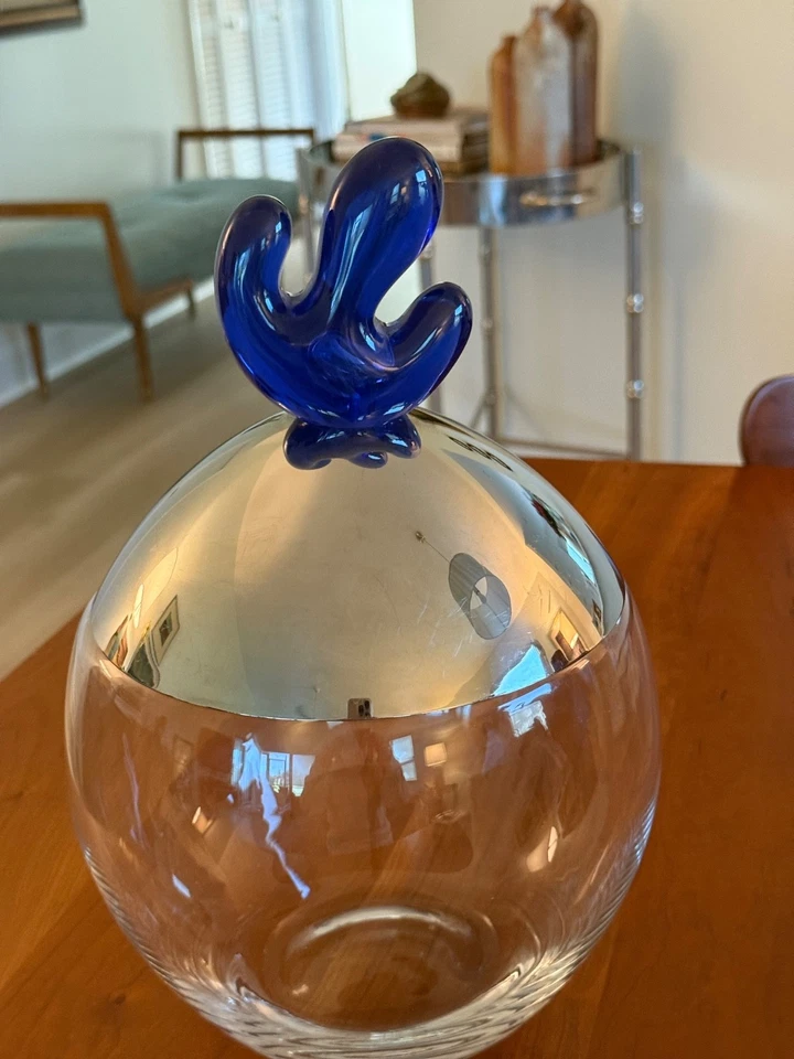 Jarro grande oval Alessi OVO aço inoxidável e vidro com acabamento azul Itália 12,5" - Imagem 2 de 4