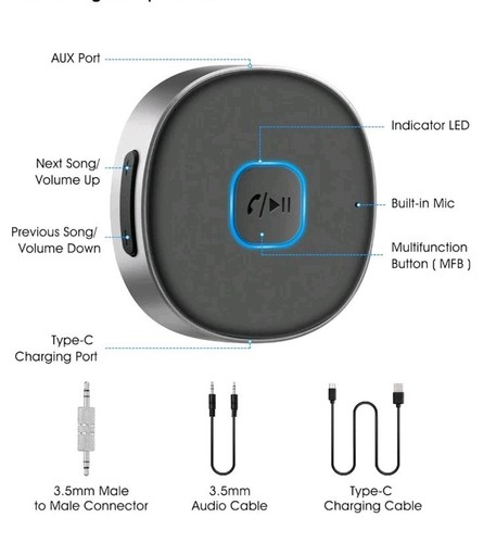 Receptor Auxiliar Bluetooth, Adaptador Auxiliar Portátil 3.5mm Coche 16H Duración de Batería - Imagen 2 de 2