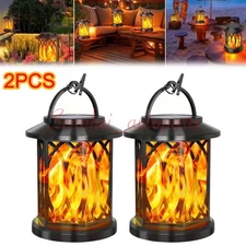 2x LED Flickering Flame Solar Hanging Lights Lantern Outdoor Garden Pathway Lamp