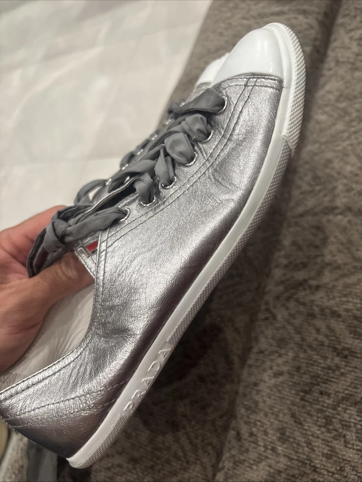 prada low top sneakers Lace Up Silver Size 38-1/2 - Image 2 of 4