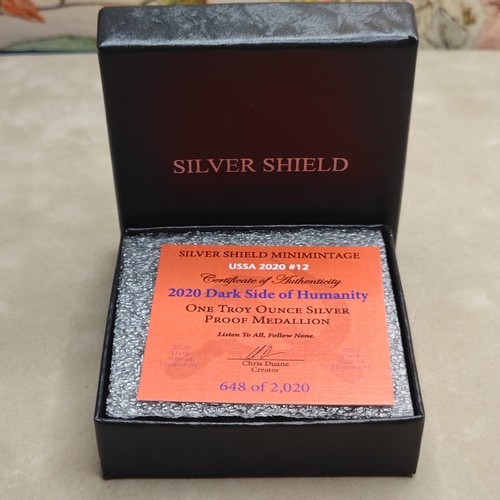 2020 Dark Side of Humanity USSA 2020 #12 1 Oz 999 Silver Shield Medallion COA - Picture 4 of 4