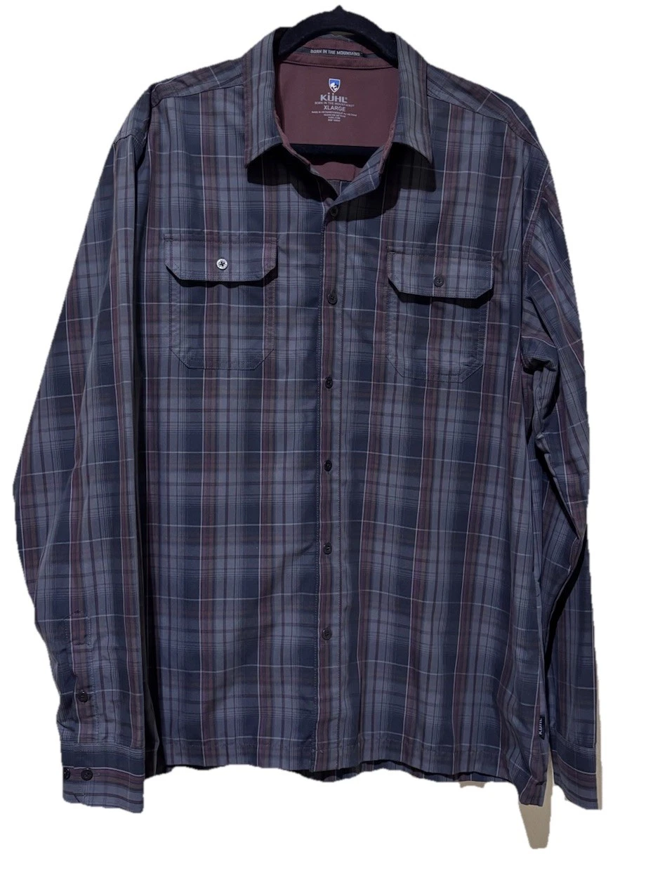 Kuhl Shirt Men's XLarge Gray Response Button Up Plaid Long Sleeve Hiking Shirt