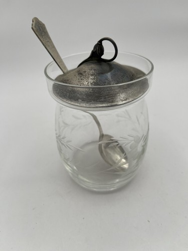 Whiting Company Sterling Silver Spoon Etched Glass Sugar Jar Sterling Silver Lid - Picture 3 of 13