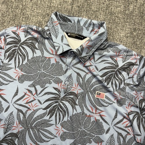 Travis Mathew Hawaii Poloshirt Herren Large blau Blumen Golf Performance AOP