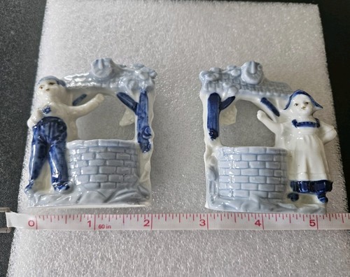 Wishing Well Delft Blue Porcelain Toothpick Trinket Holders Boy & Girl Germany - Picture 12 of 17