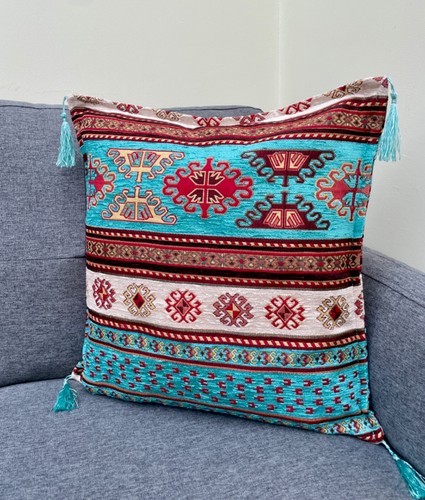 Turquoise Boho Chenille Cushion Cover with Tassels, Farmhouse - 40x40cm - Picture 3 of 10
