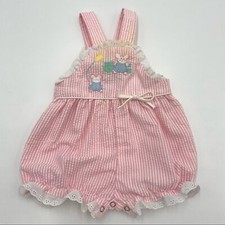 Vintage Baby Overalls Pink Stripe Embroidered Animals Balloon Lace 90s Romper