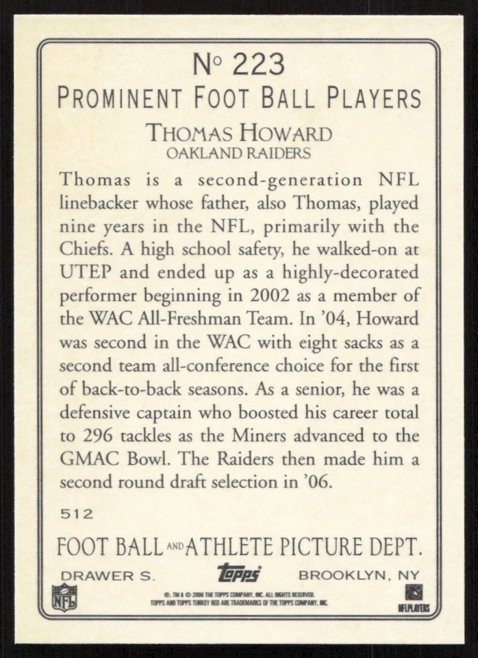 2006 Topps Turkey Red Thomas Howard Rookie Oakland Raiders #223 - Image 2 of 2