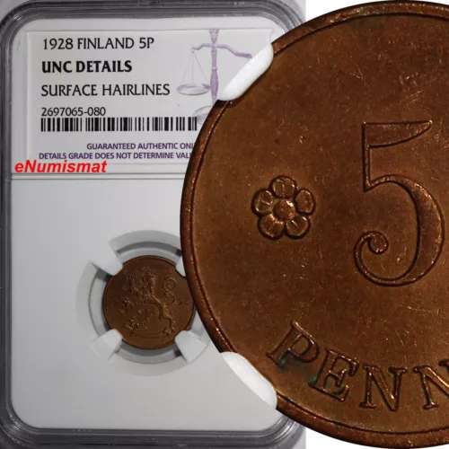 Finland Copper 1928 5 Pennia NGC UNC DETAILS KM# 22 (080)