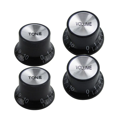 Set of 4 Electric Guitar Volume Tone Control Black Knobs Silver Aluminum Top Hat