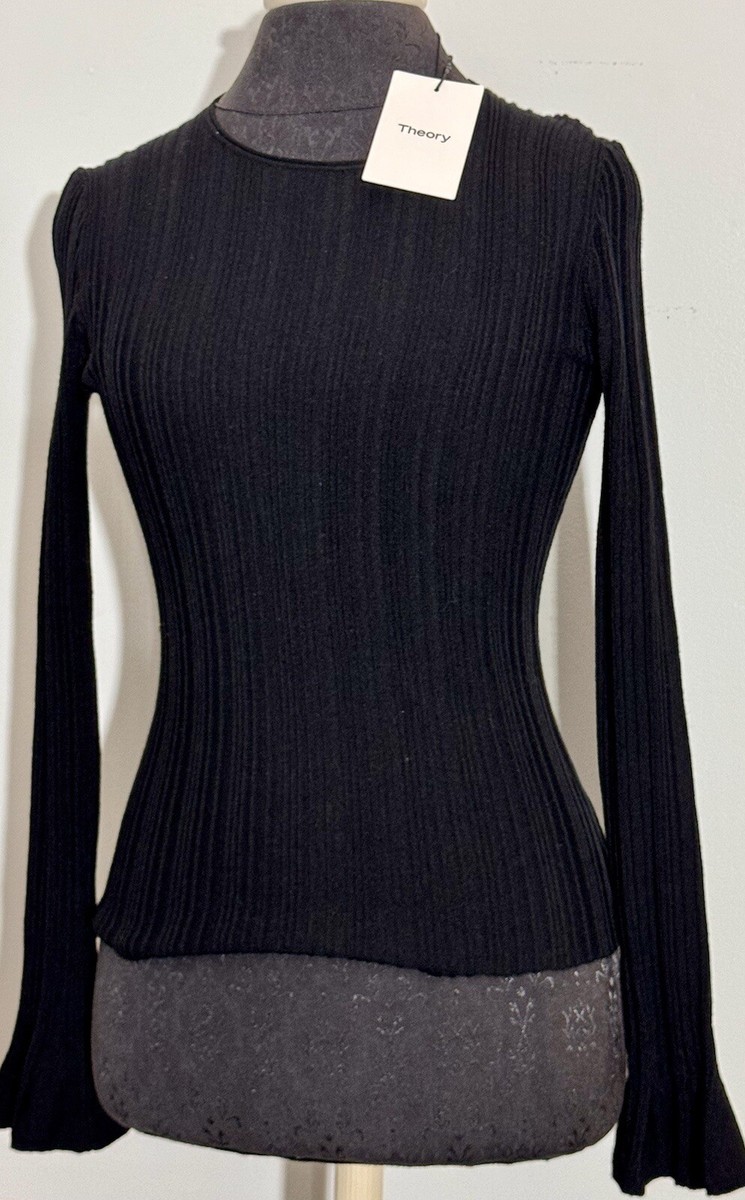 誠実 NEW Sz Shirt Black Top Knit Linear Stretch Evian Theory NWT トップス