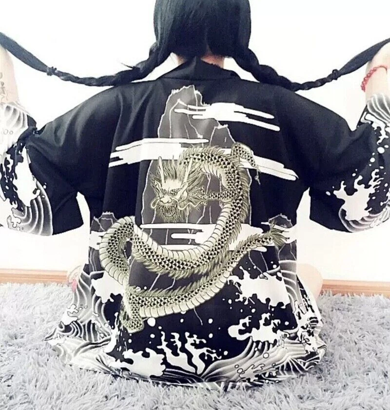 Unisex Japanese Tsunami Dragon Women Kimono Robe Cardigan Beach