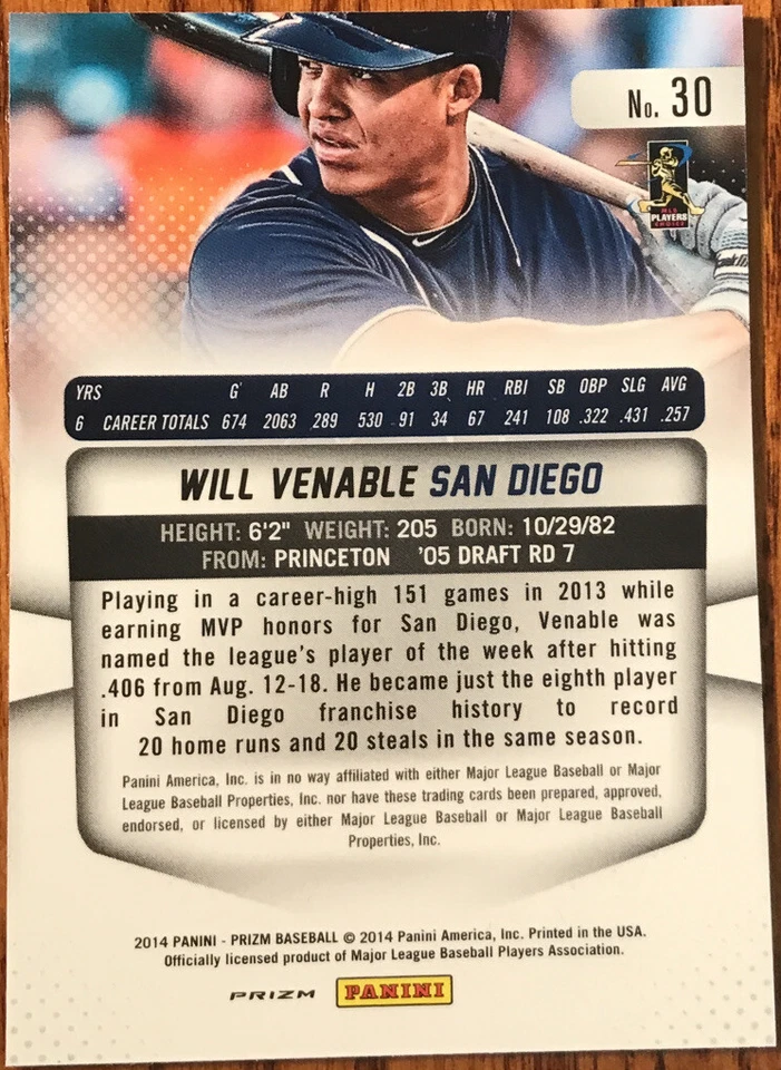 2014 Panini Prizm Prizms Red White & Blue Pulsar Will Venable #30 - Image 2 of 2