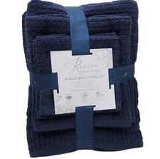 Revive Luxury Bath 6pc Navy Cotton Towel Set Zero Twist 2Bath 2Hand 2Washcloths
