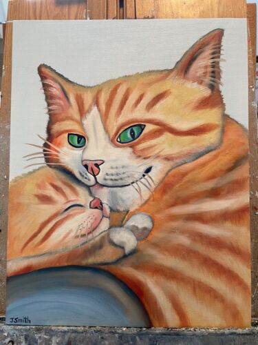 Original oil painting 11 x 14 inches orange tabby cat with baby kitten