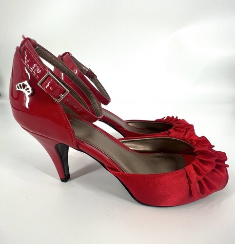 FERGALICIOUS BY FERGIE Red Satin Patent Boudoir Ruffle Peep Toe Heels Sz 7.5 - Picture 3 of 11