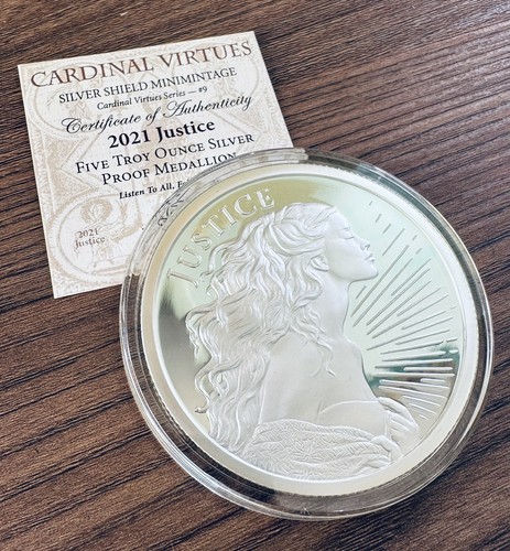 5 OZ .999 PURE SILVER SHIELD PROOF JUSTICE FREEDOM ROUND COIN MINTAGE GIRL HOT