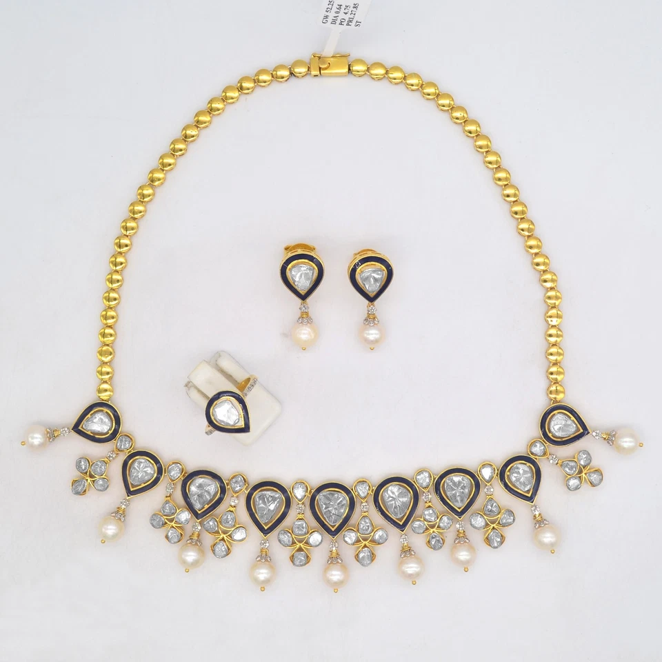 Juego de aretes collar de perlas Polki diamantes reales esmaltados en plata de ley 925 Foto 2 de 4