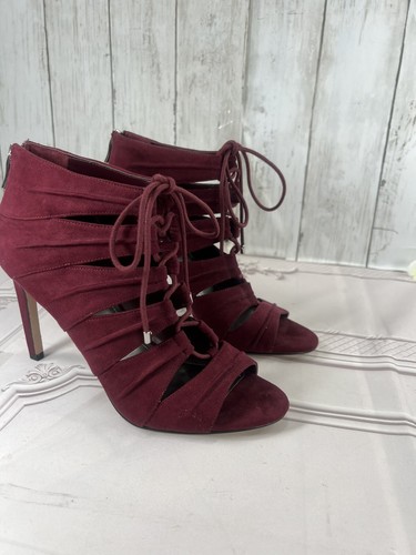BCBGeneration Laced Up Tie Open Toe Burgundy Faux Suede Stiletto Bootie Boots 8 - Picture 3 of 16
