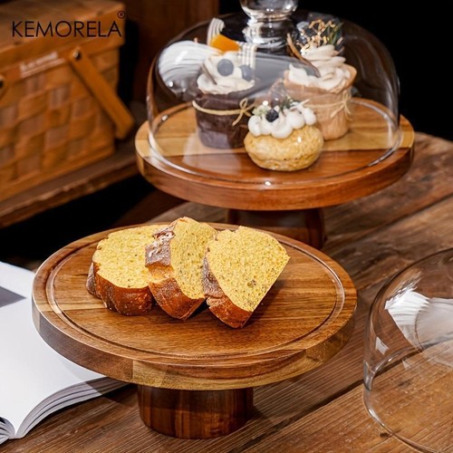 Acacia Wood High Foot Cake Display Tray Stand Plate With Transparent Glass Cover - Bild 9 von 26