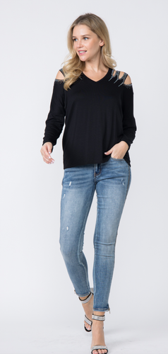 Sexy Black Long Sleeve Cold Shoulder w/Stones Top, Vocal Apparel S-XL, USA - Picture 7 of 10