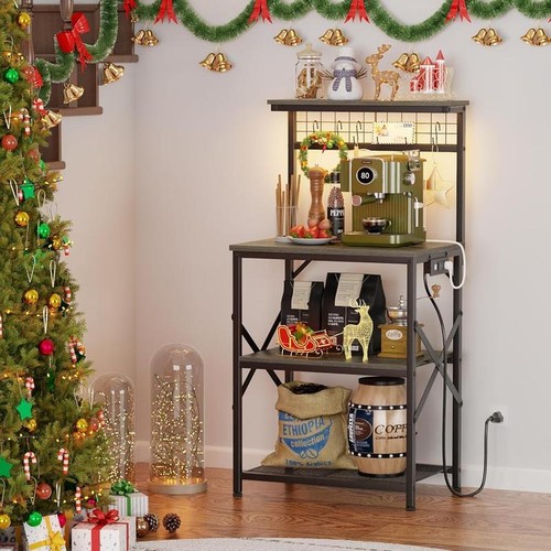 4Tier Bakers Rack W/ Power Outlet LED Light Kitchen Storage Microwave Stand New - Picture 6 of 9